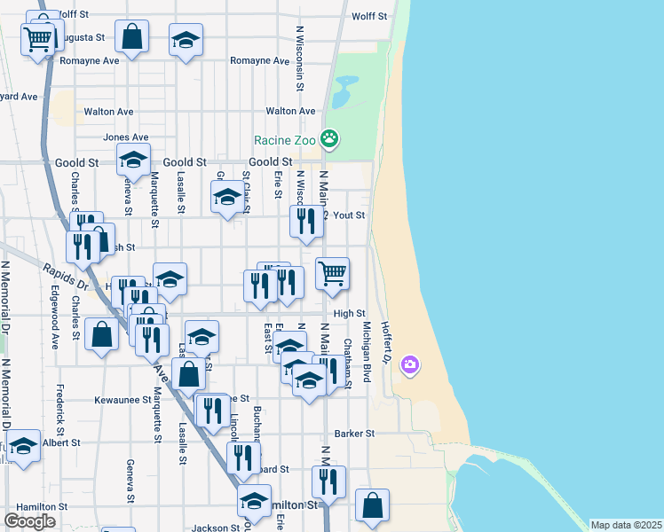 map of restaurants, bars, coffee shops, grocery stores, and more near 1821 North Main Street in Racine