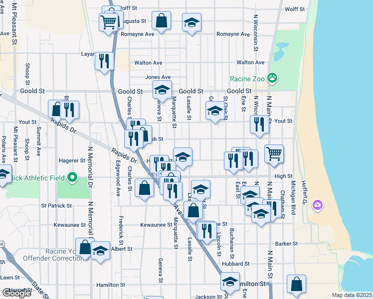map of restaurants, bars, coffee shops, grocery stores, and more near 1820 Lasalle Street in Racine