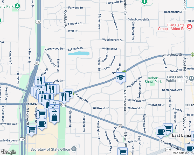 map of restaurants, bars, coffee shops, grocery stores, and more near 1027 Prescott Drive in East Lansing