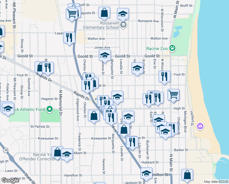 map of restaurants, bars, coffee shops, grocery stores, and more near 1820 Lasalle Street in Racine