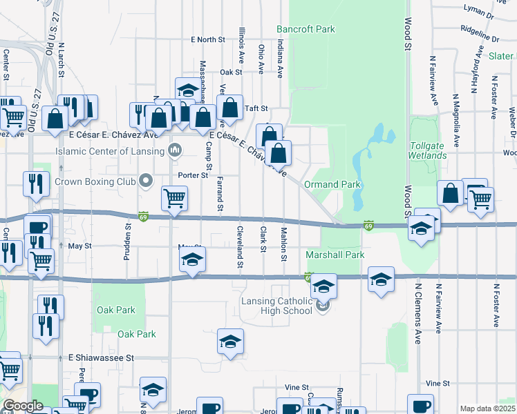map of restaurants, bars, coffee shops, grocery stores, and more near 913 Clark Street in Lansing