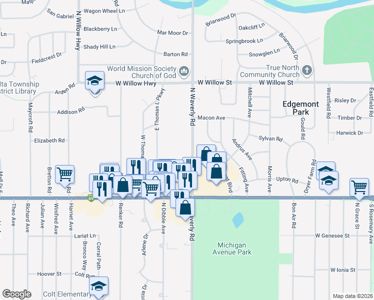 map of restaurants, bars, coffee shops, grocery stores, and more near 909 North Waverly Road in Lansing