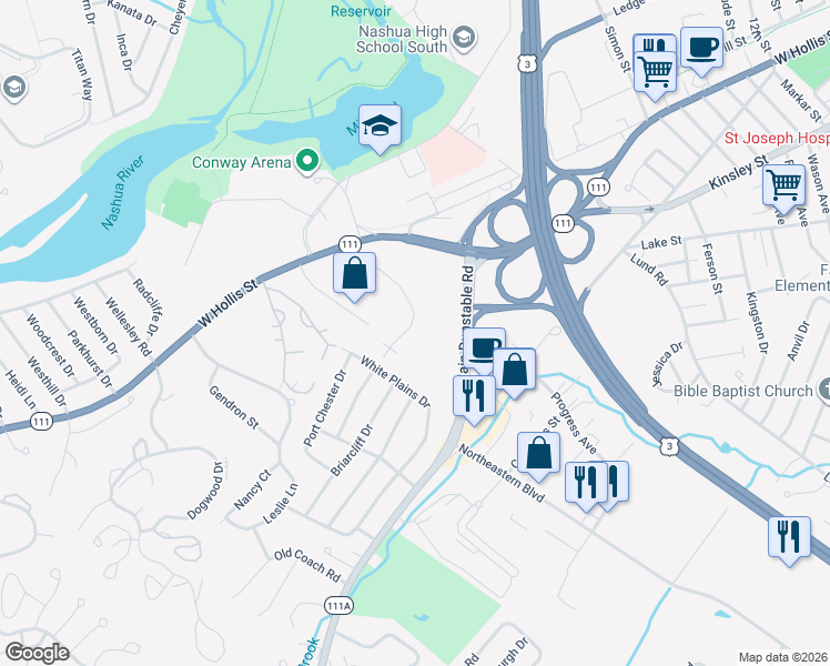 map of restaurants, bars, coffee shops, grocery stores, and more near 42 Hollow Ridge Drive in Nashua