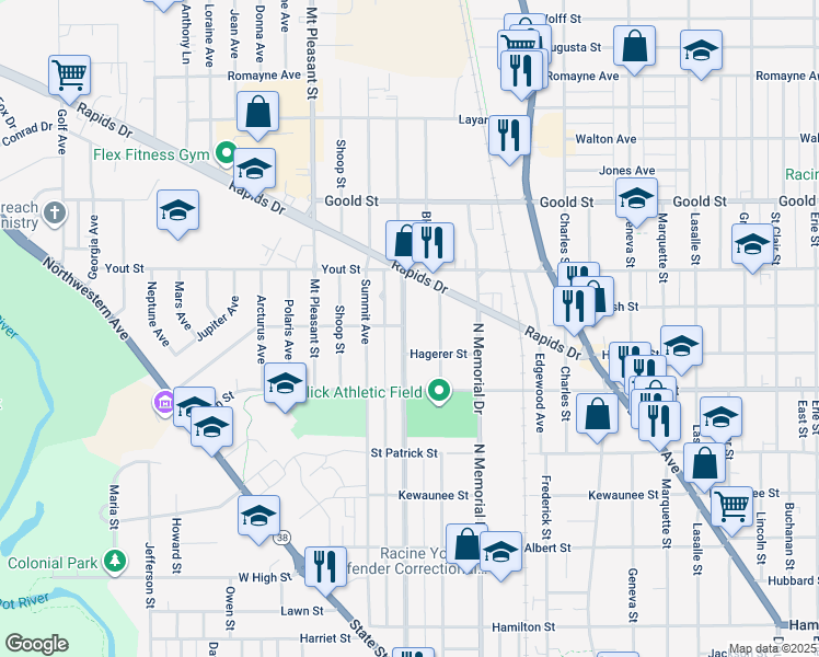map of restaurants, bars, coffee shops, grocery stores, and more near 1821 Carlisle Avenue in Racine
