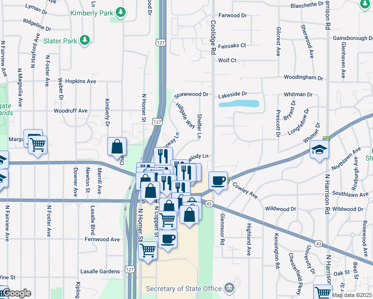 map of restaurants, bars, coffee shops, grocery stores, and more near 1020 Shelter Lane in Lansing