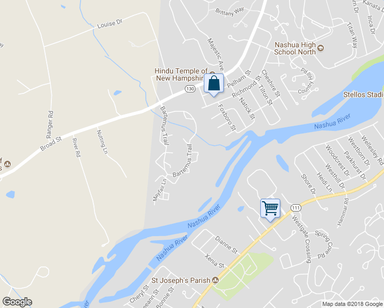 map of restaurants, bars, coffee shops, grocery stores, and more near 103 Bartemus Trail in Nashua
