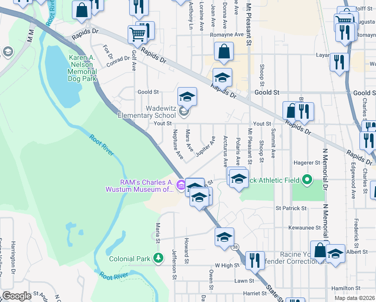 map of restaurants, bars, coffee shops, grocery stores, and more near 1807 Mars Avenue in Racine