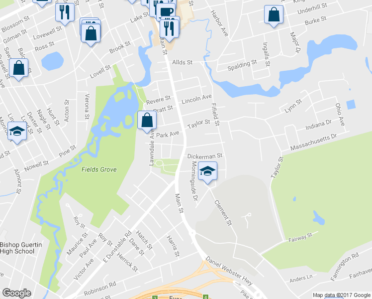 map of restaurants, bars, coffee shops, grocery stores, and more near 1 Montgomery Ave in Nashua