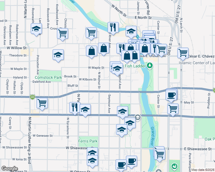 map of restaurants, bars, coffee shops, grocery stores, and more near 917 Seymour Avenue in Lansing