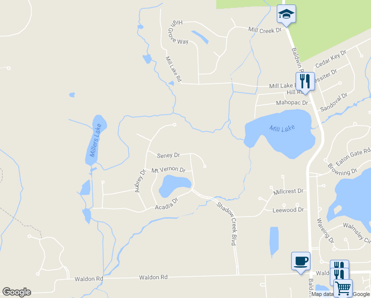 map of restaurants, bars, coffee shops, grocery stores, and more near 3688 Seney Drive in Orion charter Township