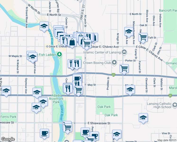 map of restaurants, bars, coffee shops, grocery stores, and more near 910 North Larch Street in Lansing