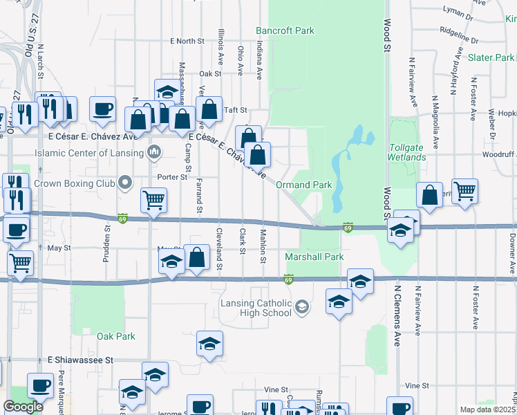 map of restaurants, bars, coffee shops, grocery stores, and more near 913 Mahlon Street in Lansing