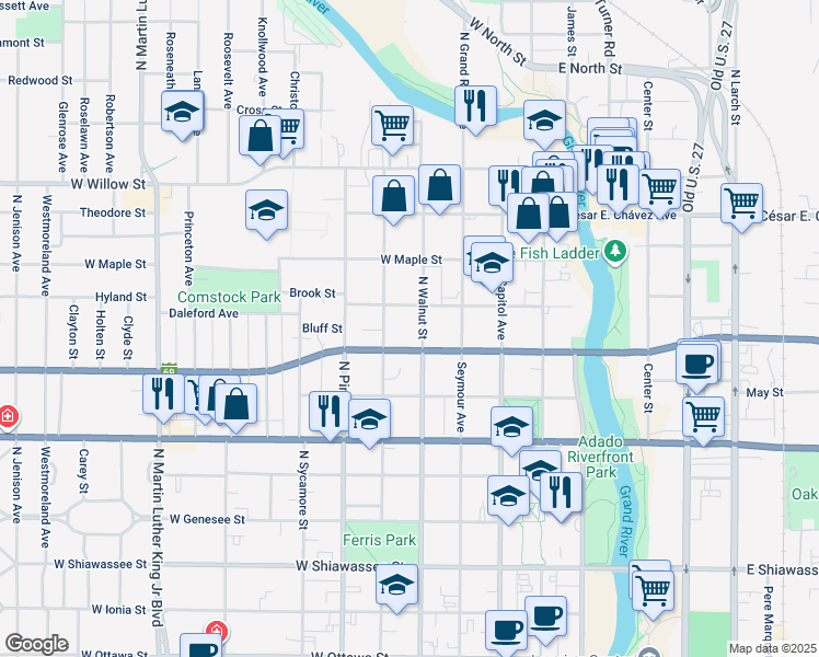 map of restaurants, bars, coffee shops, grocery stores, and more near 910 North Chestnut Street in Lansing