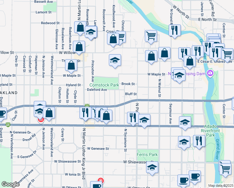 map of restaurants, bars, coffee shops, grocery stores, and more near 914 Wisconsin Avenue in Lansing