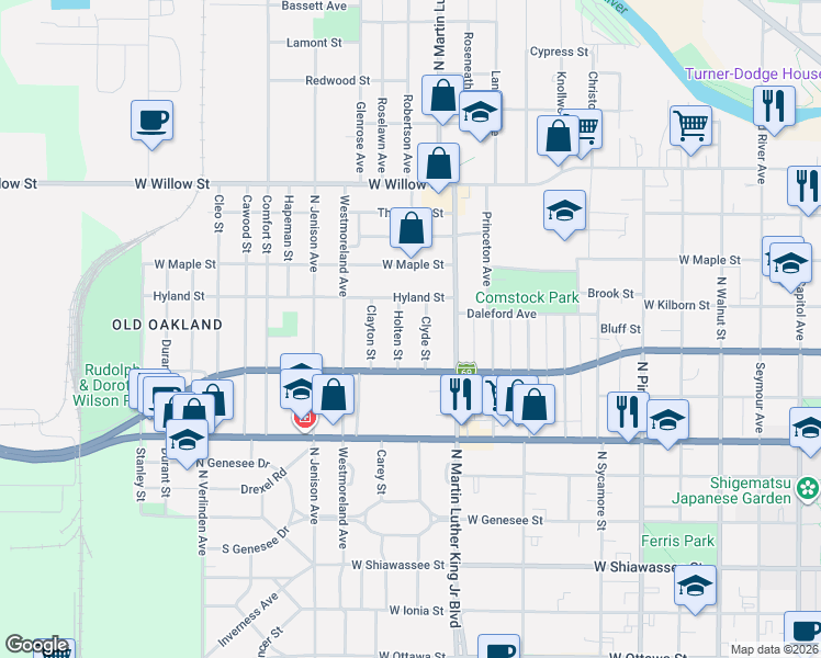 map of restaurants, bars, coffee shops, grocery stores, and more near 907 Clyde Street in Lansing