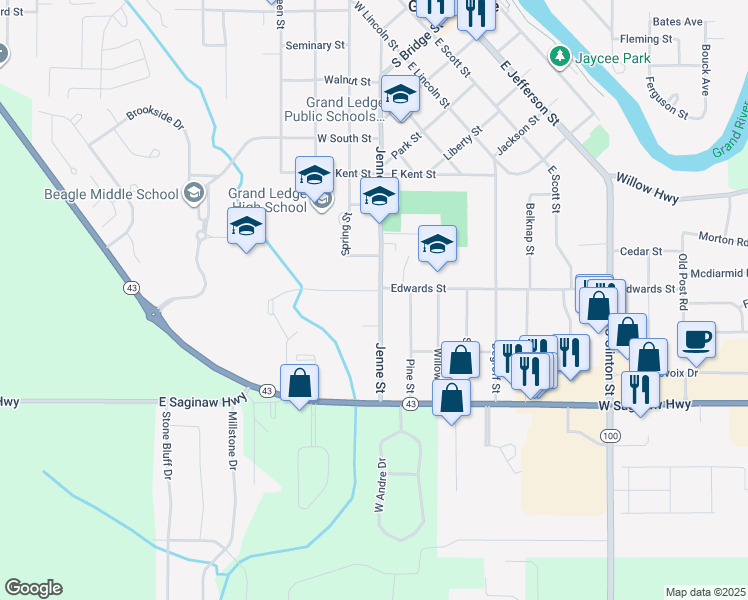 map of restaurants, bars, coffee shops, grocery stores, and more near 1118 Jenne Street in Grand Ledge