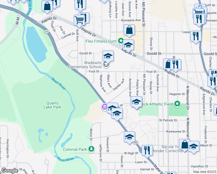 map of restaurants, bars, coffee shops, grocery stores, and more near 1807 Mars Avenue in Racine
