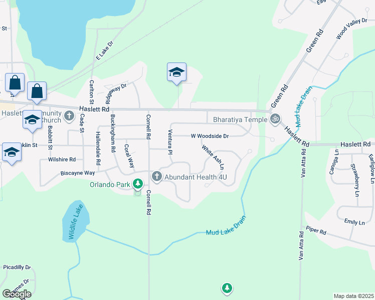 map of restaurants, bars, coffee shops, grocery stores, and more near 5616 Ventura Place in Haslett