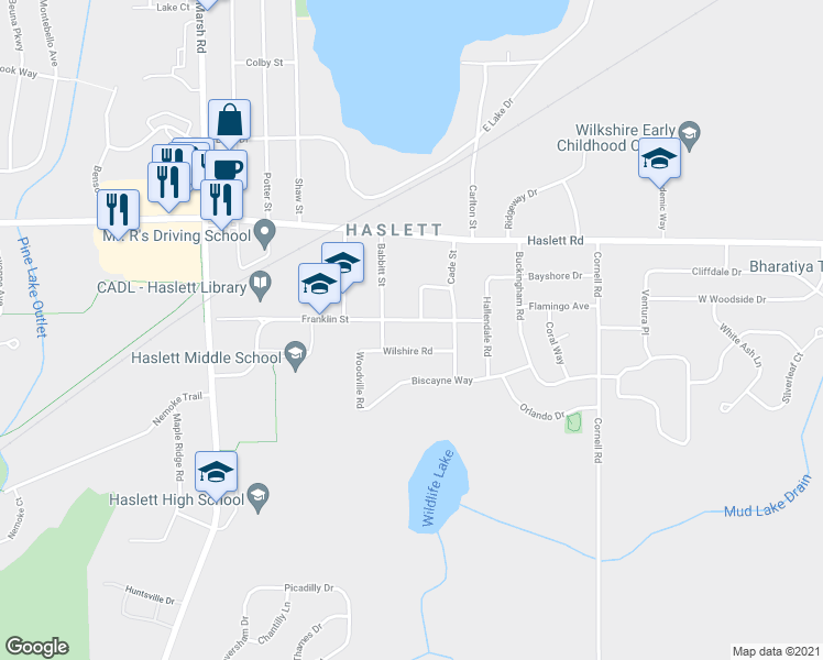 map of restaurants, bars, coffee shops, grocery stores, and more near 1433 Franklin Street in Meridian Charter Township