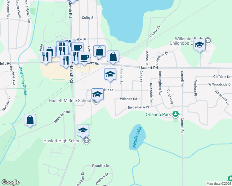 map of restaurants, bars, coffee shops, grocery stores, and more near 1463 Franklin Street in Meridian charter Township