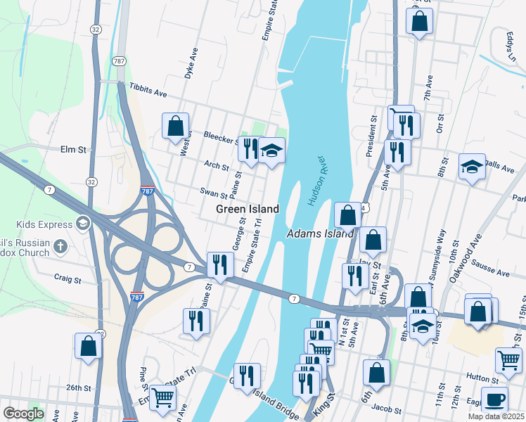 map of restaurants, bars, coffee shops, grocery stores, and more near 125 Hudson Avenue in Troy