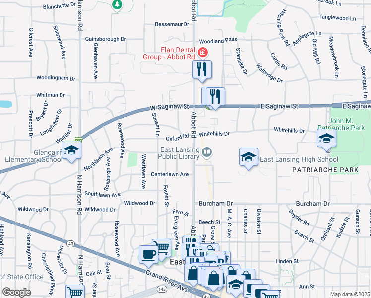 map of restaurants, bars, coffee shops, grocery stores, and more near 124 Northlawn Avenue in East Lansing