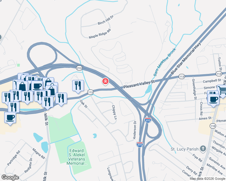 map of restaurants, bars, coffee shops, grocery stores, and more near 133 Pleasant Valley Street in Methuen
