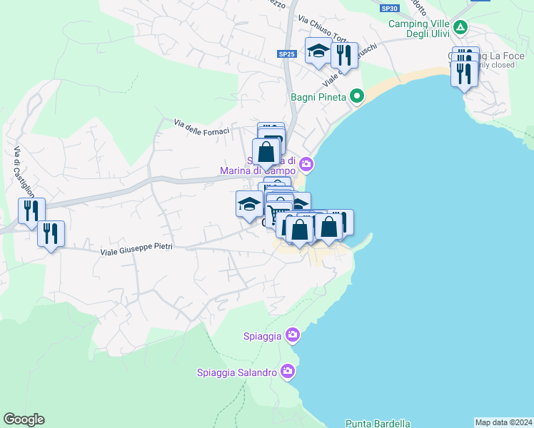 map of restaurants, bars, coffee shops, grocery stores, and more near 57 Via Giacomo Puccini in Marina di Campo