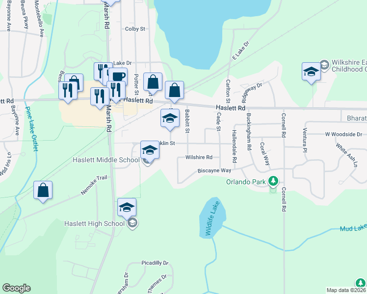 map of restaurants, bars, coffee shops, grocery stores, and more near 1463 Franklin Street in Meridian charter Township