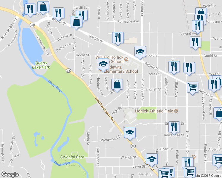 map of restaurants, bars, coffee shops, grocery stores, and more near 1807 Mars Avenue in Racine