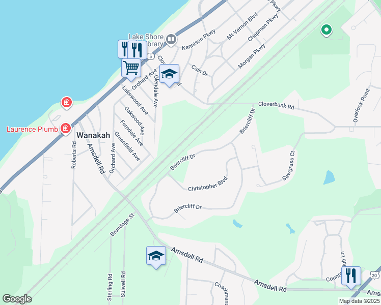 map of restaurants, bars, coffee shops, grocery stores, and more near 5198 Briercliff Drive in Hamburg