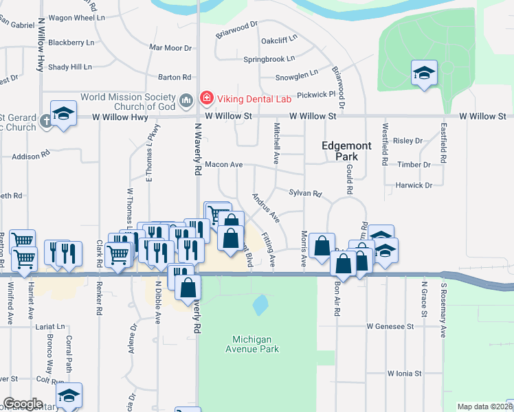 map of restaurants, bars, coffee shops, grocery stores, and more near 915 Andrus Avenue in Lansing