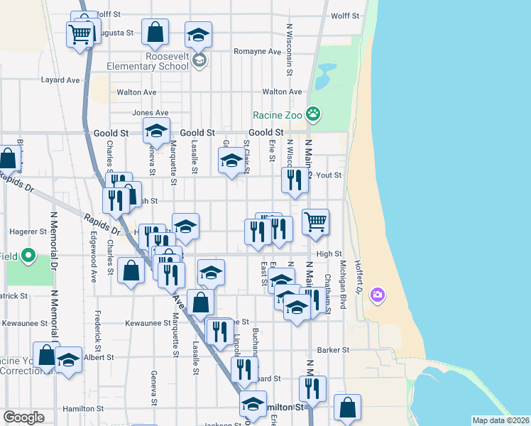 map of restaurants, bars, coffee shops, grocery stores, and more near 1814 Erie Street in Racine
