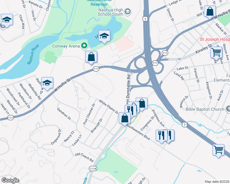 map of restaurants, bars, coffee shops, grocery stores, and more near 42 Hollow Ridge Drive in Nashua