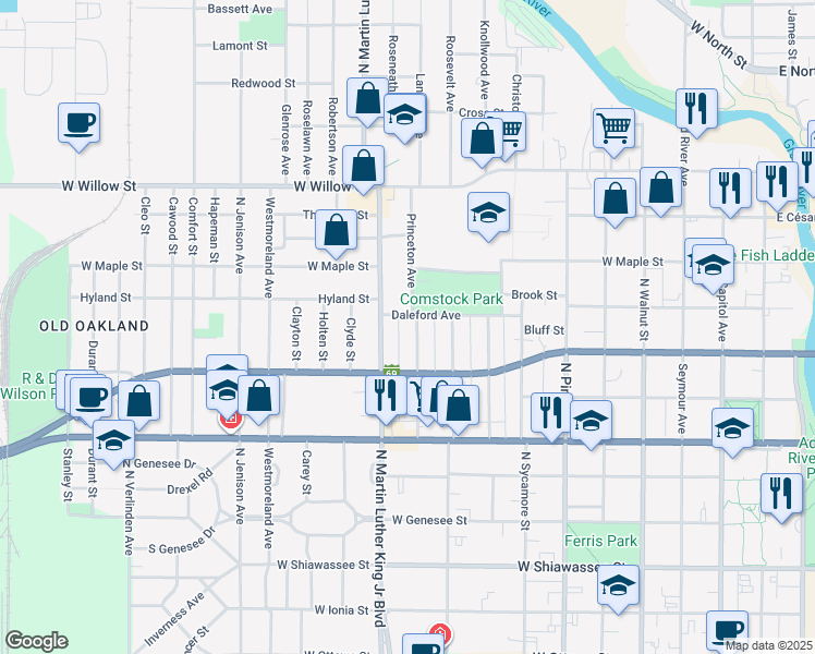 map of restaurants, bars, coffee shops, grocery stores, and more near 912 Princeton Avenue in Lansing