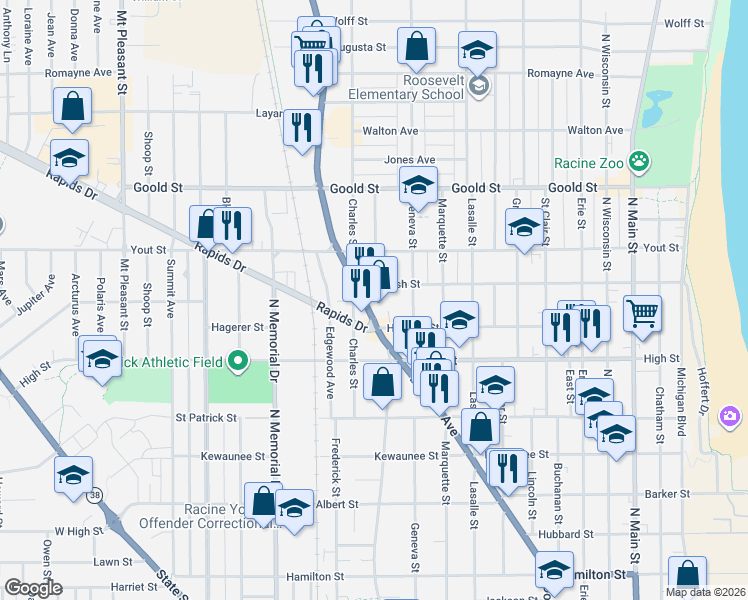 map of restaurants, bars, coffee shops, grocery stores, and more near 1826 Douglas Avenue in Racine