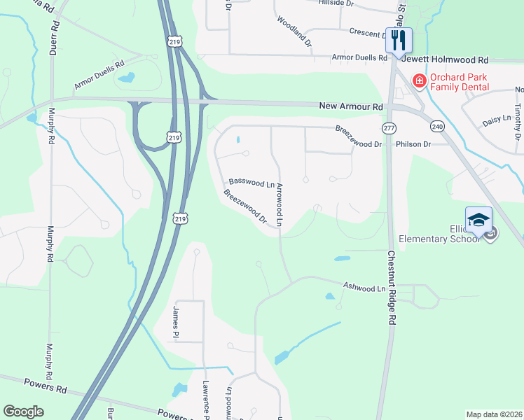 map of restaurants, bars, coffee shops, grocery stores, and more near 157 Breezewood Drive in Orchard Park