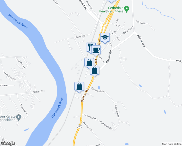 map of restaurants, bars, coffee shops, grocery stores, and more near 2 Cross Road in Haverhill