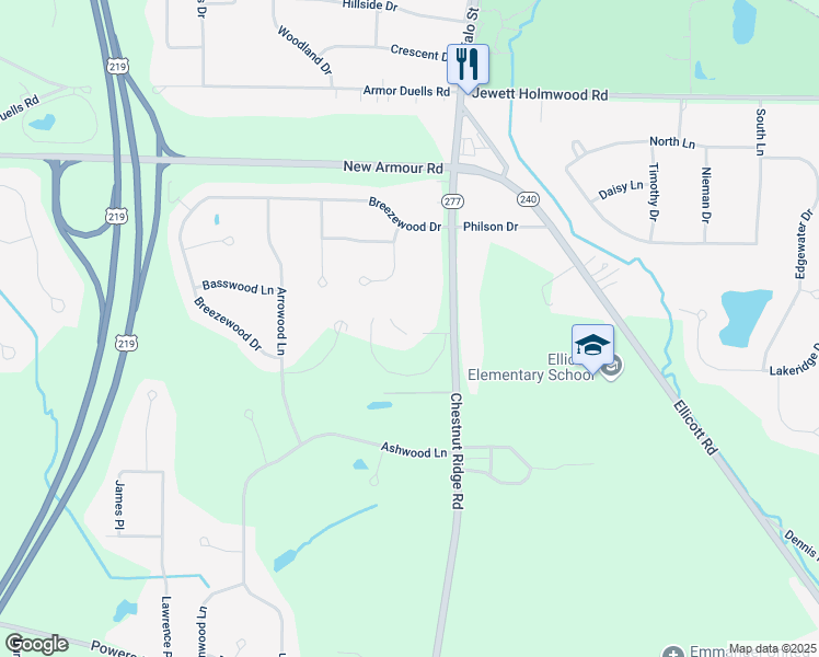 map of restaurants, bars, coffee shops, grocery stores, and more near 5200 Chestnut Ridge Road in Orchard Park