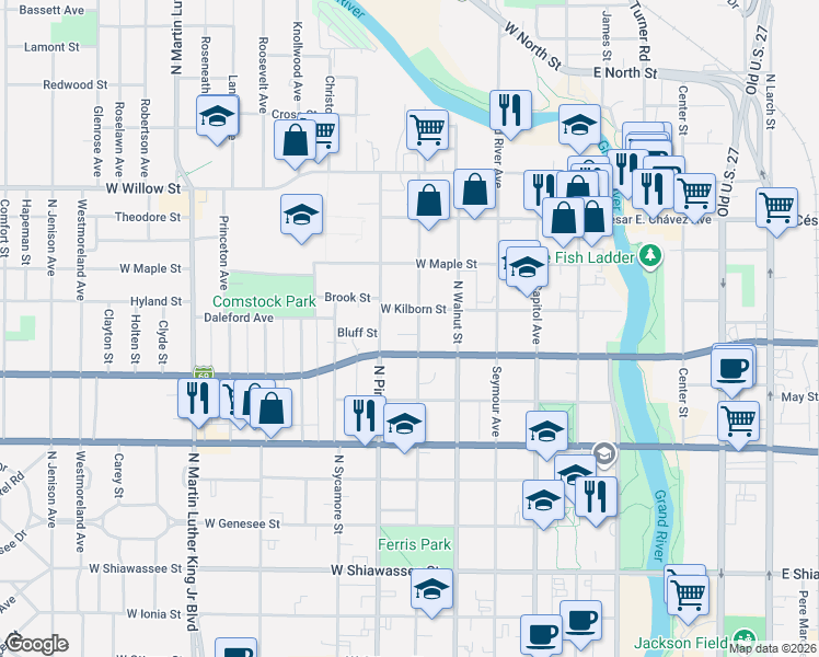 map of restaurants, bars, coffee shops, grocery stores, and more near 6 Lawler Court in Lansing