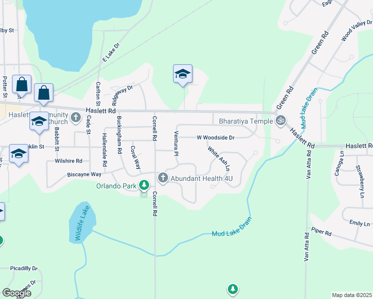 map of restaurants, bars, coffee shops, grocery stores, and more near 5616 Ventura Place in Haslett
