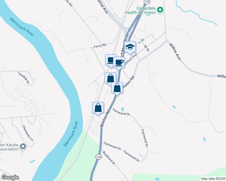map of restaurants, bars, coffee shops, grocery stores, and more near 2 Cross Road in Haverhill