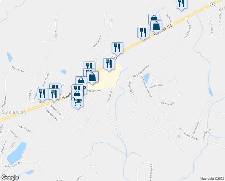 map of restaurants, bars, coffee shops, grocery stores, and more near 1 Riccardi Lane in Troy