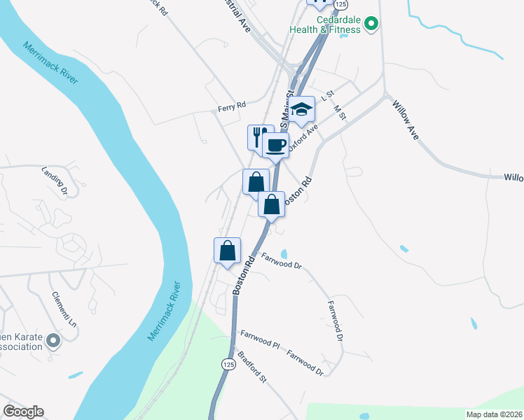 map of restaurants, bars, coffee shops, grocery stores, and more near 2 Cross Road in Haverhill