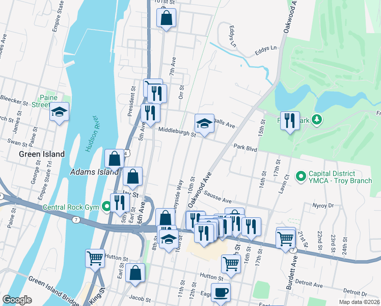 map of restaurants, bars, coffee shops, grocery stores, and more near 437 10th Street in Troy