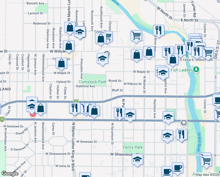 map of restaurants, bars, coffee shops, grocery stores, and more near 914 Wisconsin Avenue in Lansing