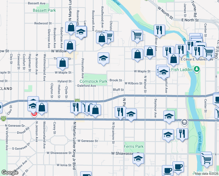map of restaurants, bars, coffee shops, grocery stores, and more near 914 Wisconsin Avenue in Lansing