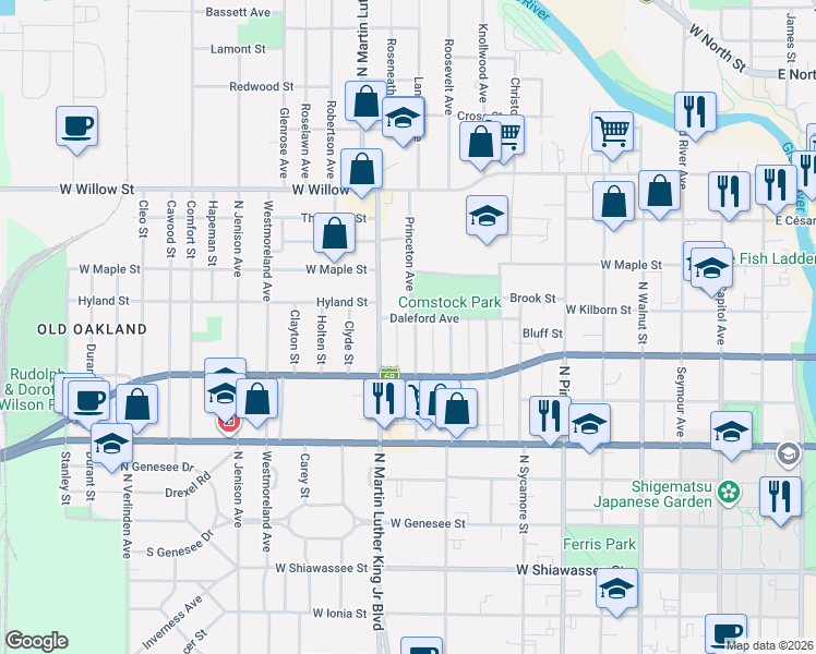 map of restaurants, bars, coffee shops, grocery stores, and more near 912 Princeton Avenue in Lansing