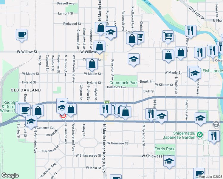 map of restaurants, bars, coffee shops, grocery stores, and more near 912 Princeton Avenue in Lansing