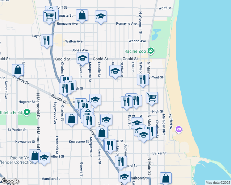 map of restaurants, bars, coffee shops, grocery stores, and more near 1816 Saint Clair Street in Racine